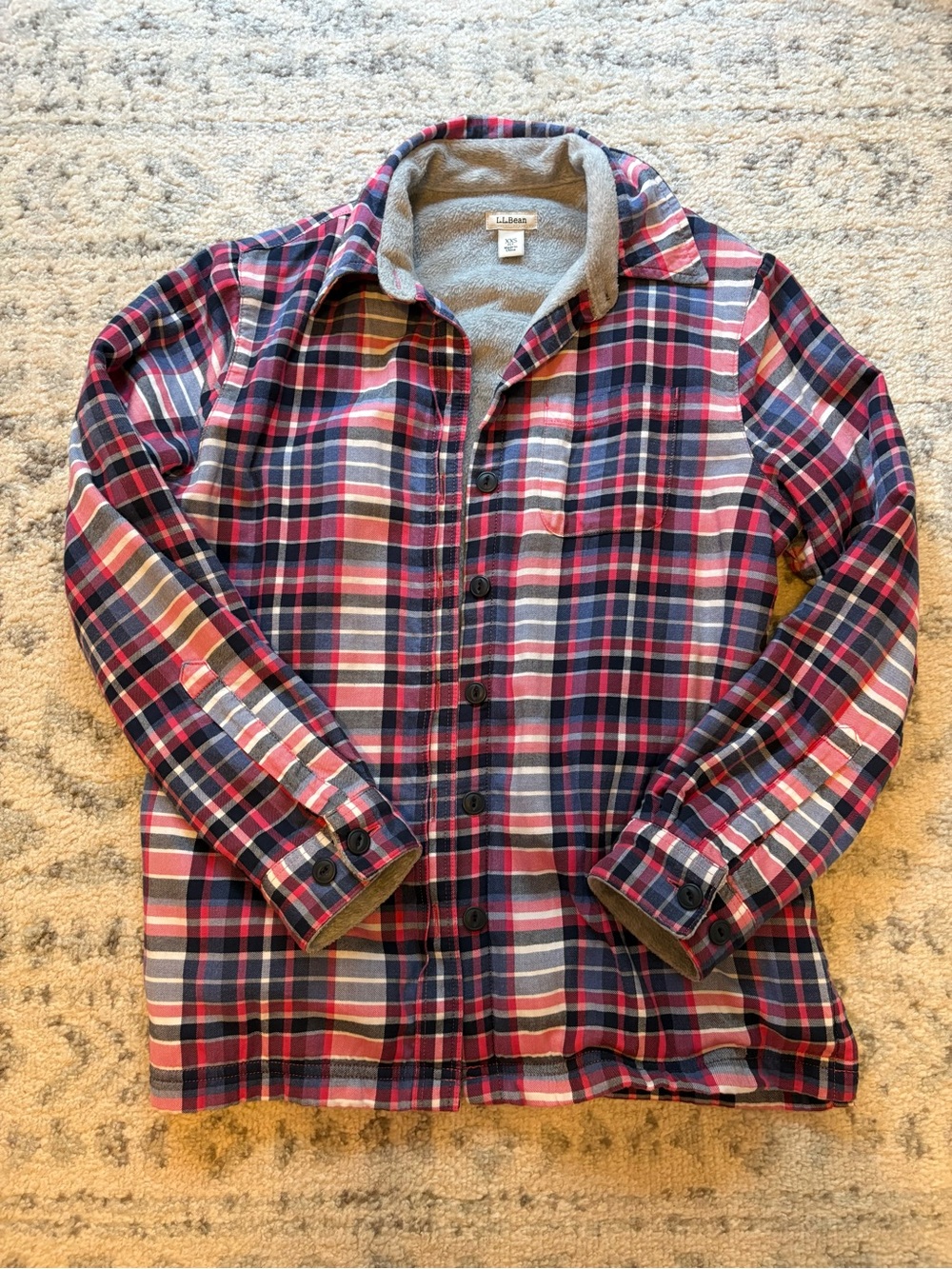 L.L. Bean Women’s Pink & Navy Plaid Fleece-Lined Flannel Shirt